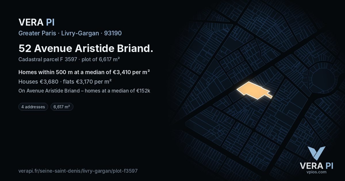 52 Avenue Aristide Briand, Livry-Gargan at night – the plot lit, the parcels around coloured by the prices near them