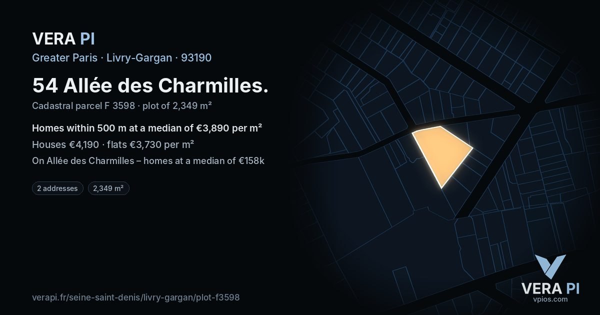 54 Allée des Charmilles, Livry-Gargan at night – the plot lit, the parcels around coloured by the prices near them