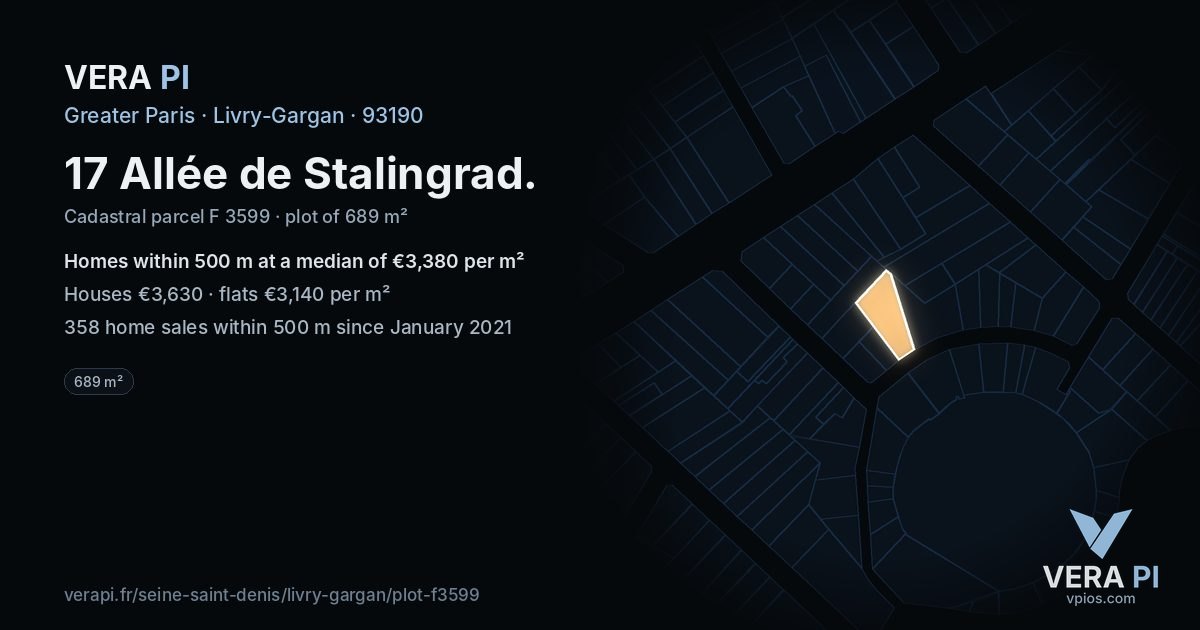 17 Allée de Stalingrad, Livry-Gargan at night – the plot lit, the parcels around coloured by the prices near them