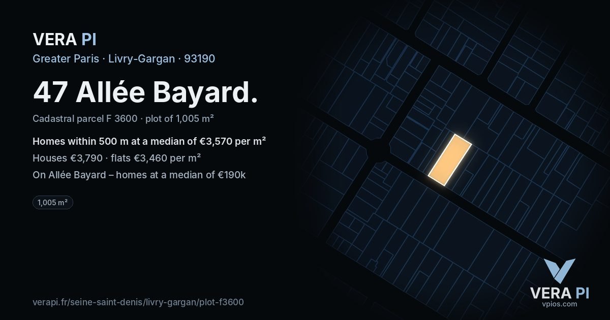 47 Allée Bayard, Livry-Gargan at night – the plot lit, the parcels around coloured by the prices near them