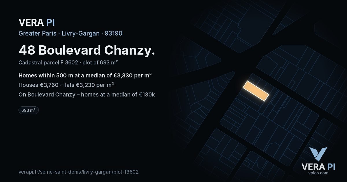 48 Boulevard Chanzy, Livry-Gargan at night – the plot lit, the parcels around coloured by the prices near them