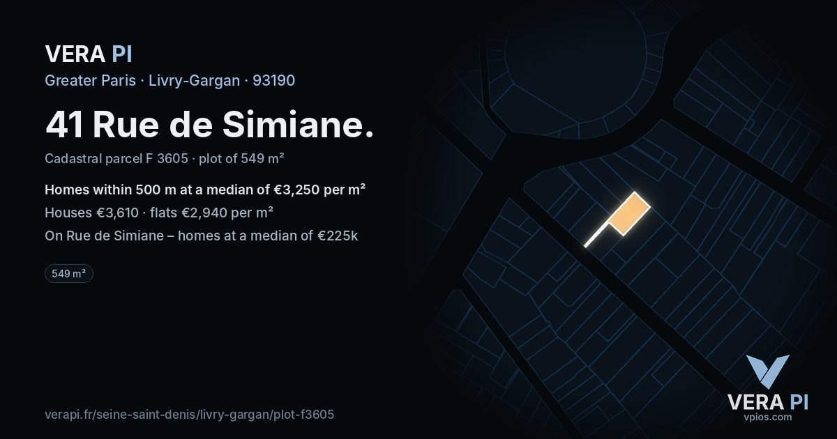 41 Rue de Simiane, Livry-Gargan at night – the plot lit, the parcels around coloured by the prices near them
