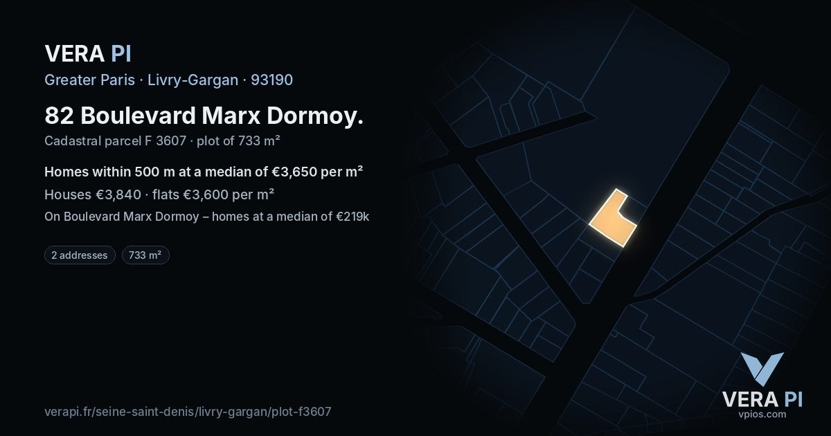82 Boulevard Marx Dormoy, Livry-Gargan at night – the plot lit, the parcels around coloured by the prices near them