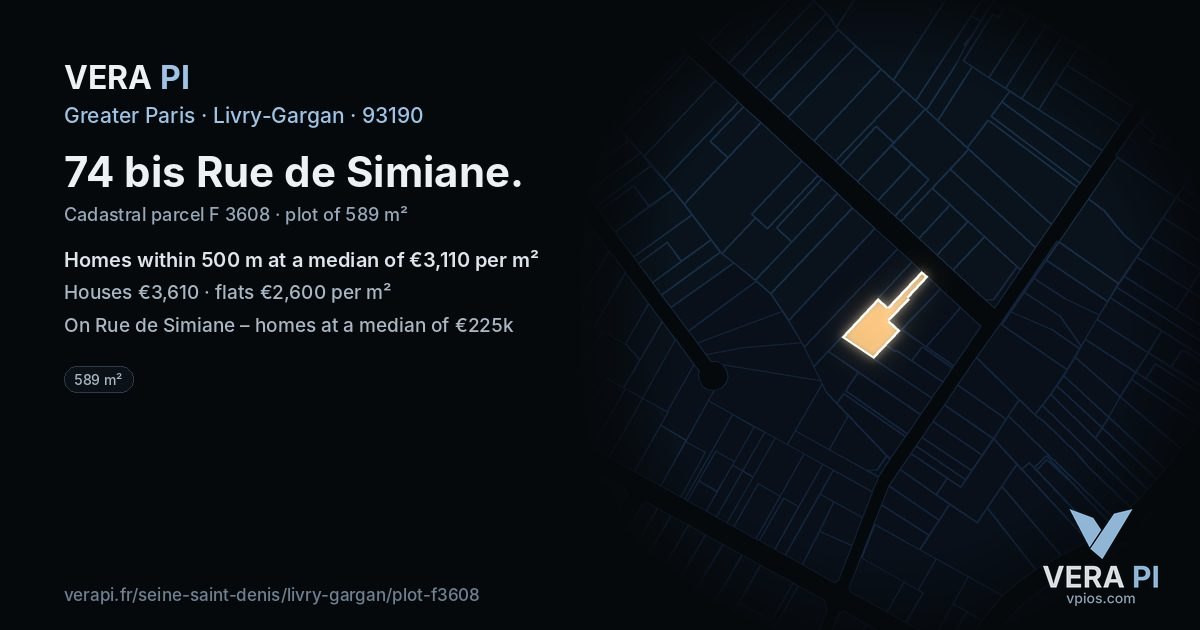 74 bis Rue de Simiane, Livry-Gargan at night – the plot lit, the parcels around coloured by the prices near them