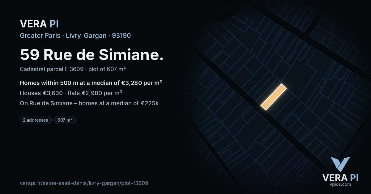 59 Rue de Simiane, Livry-Gargan at night – the plot lit, the parcels around coloured by the prices near them