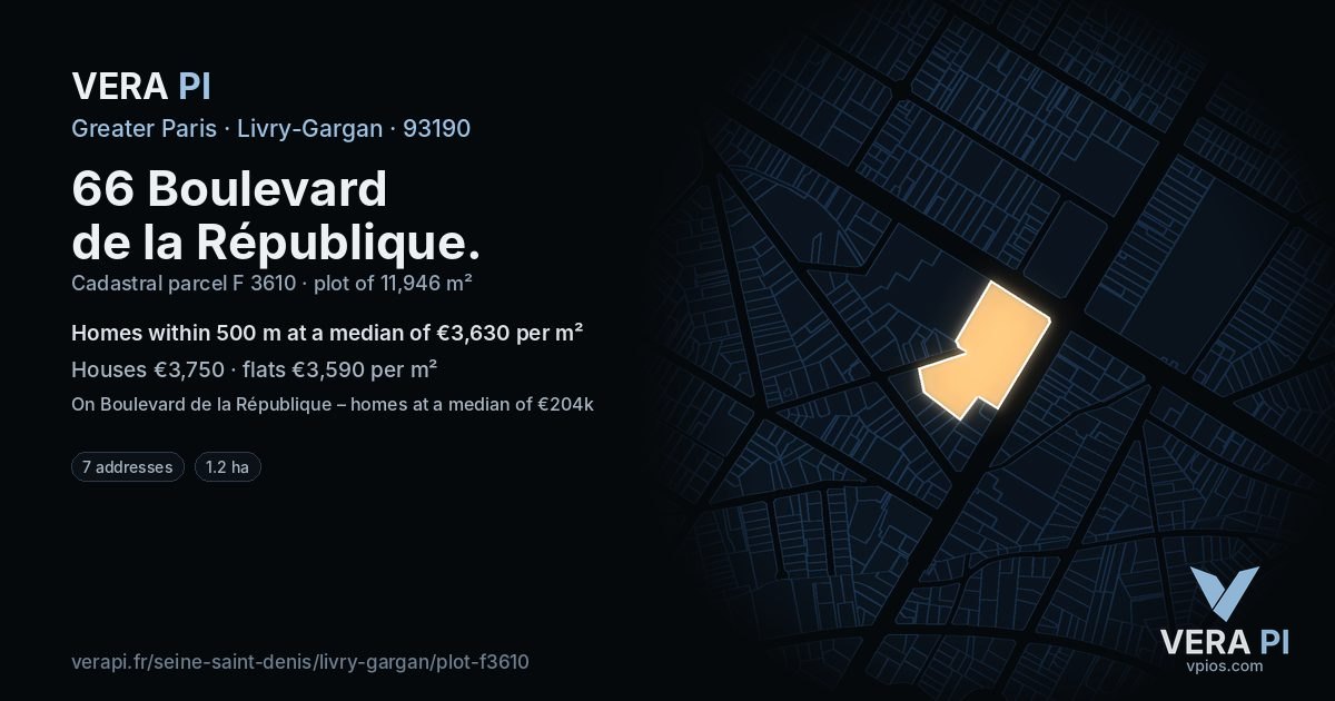 66 Boulevard de la République, Livry-Gargan at night – the plot lit, the parcels around coloured by the prices near them