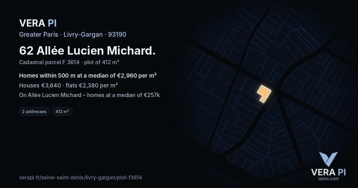 62 Allée Lucien Michard, Livry-Gargan at night – the plot lit, the parcels around coloured by the prices near them