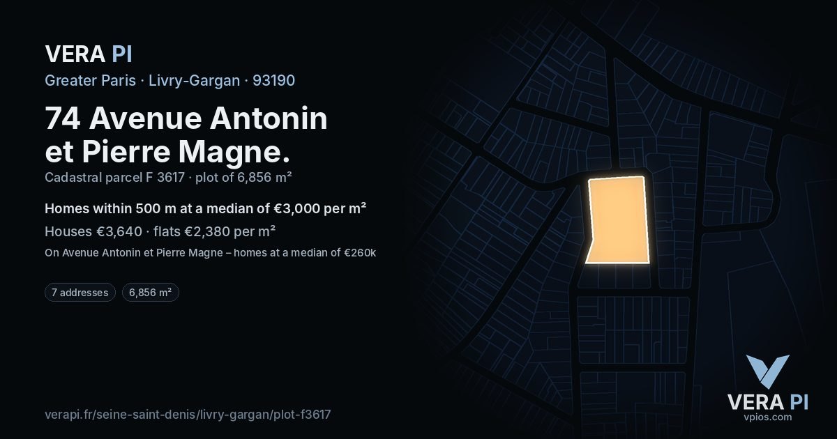 74 Avenue Antonin et Pierre Magne, Livry-Gargan at night – the plot lit, the parcels around coloured by the prices near them