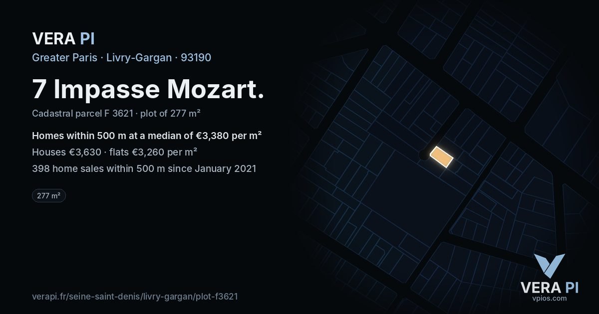 7 Impasse Mozart, Livry-Gargan at night – the plot lit, the parcels around coloured by the prices near them