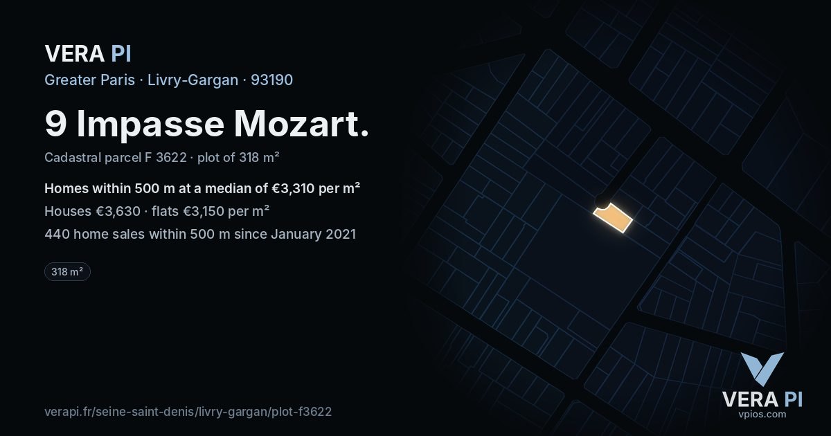 9 Impasse Mozart, Livry-Gargan at night – the plot lit, the parcels around coloured by the prices near them