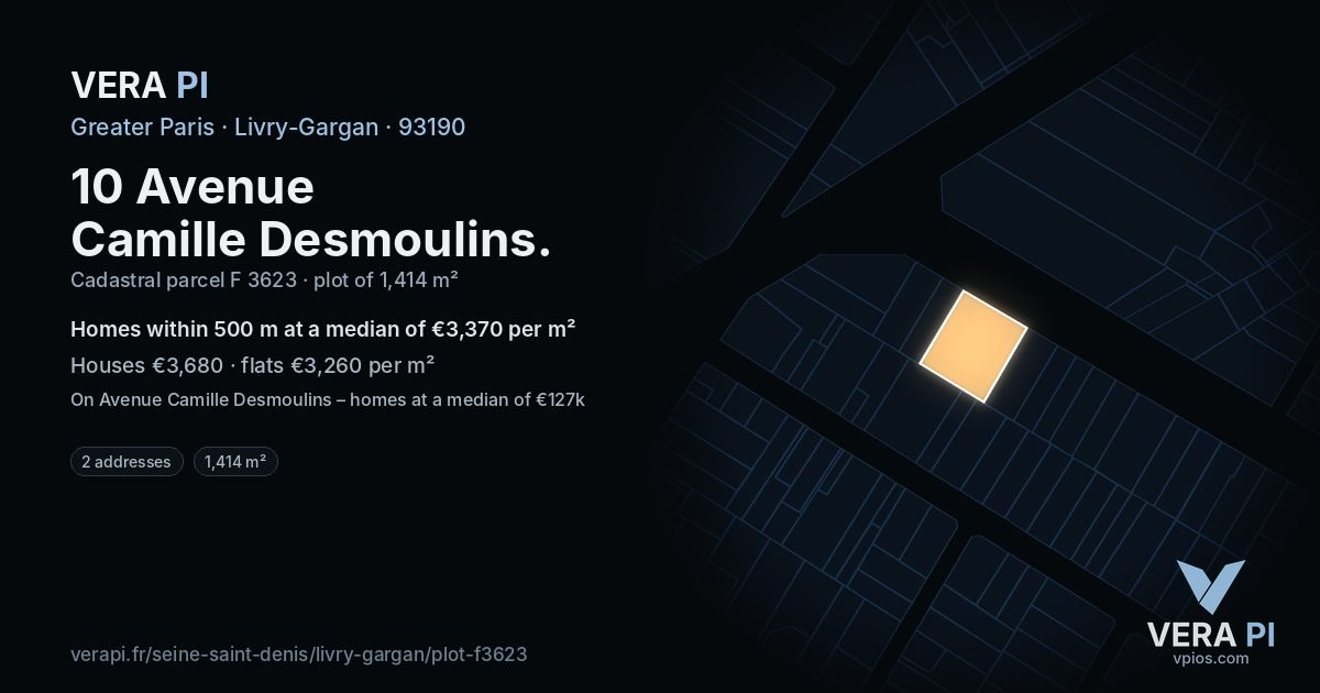 10 Avenue Camille Desmoulins, Livry-Gargan at night – the plot lit, the parcels around coloured by the prices near them