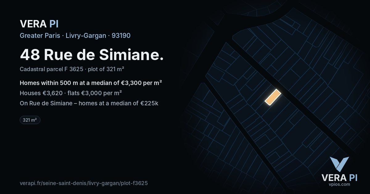 48 Rue de Simiane, Livry-Gargan at night – the plot lit, the parcels around coloured by the prices near them