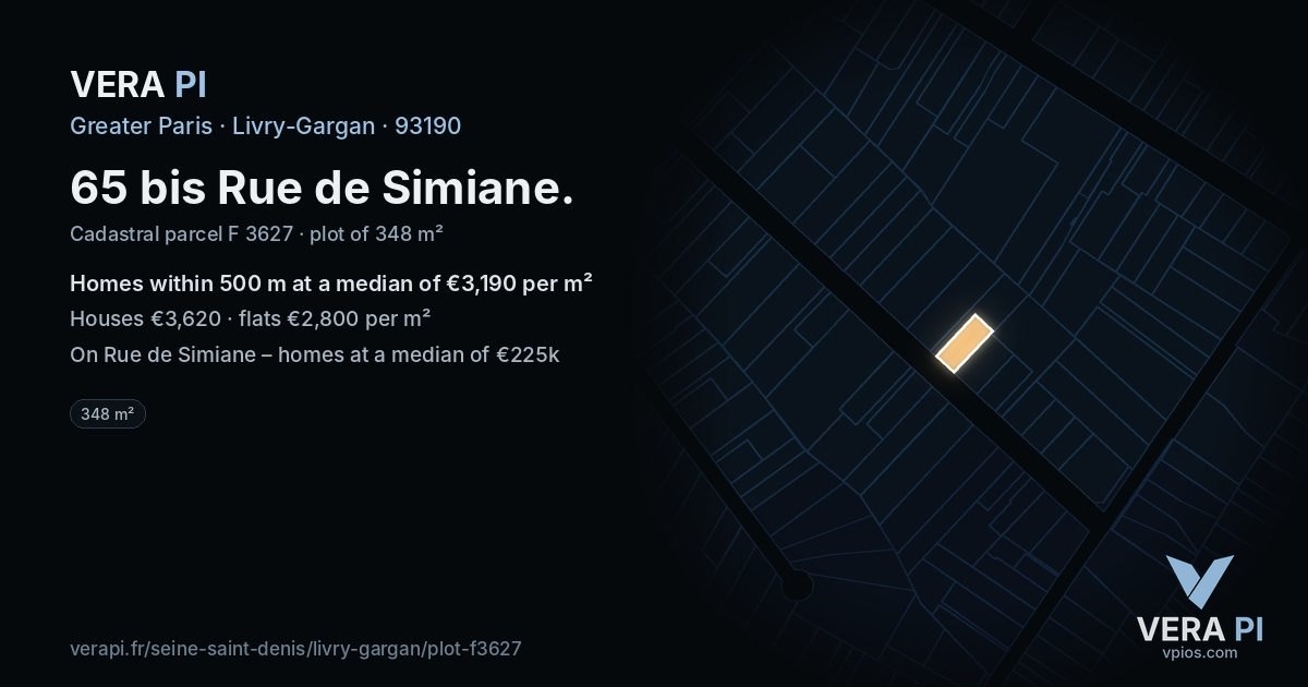 65 bis Rue de Simiane, Livry-Gargan at night – the plot lit, the parcels around coloured by the prices near them