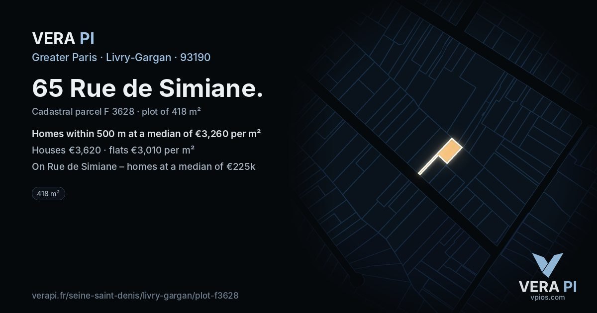 65 Rue de Simiane, Livry-Gargan at night – the plot lit, the parcels around coloured by the prices near them