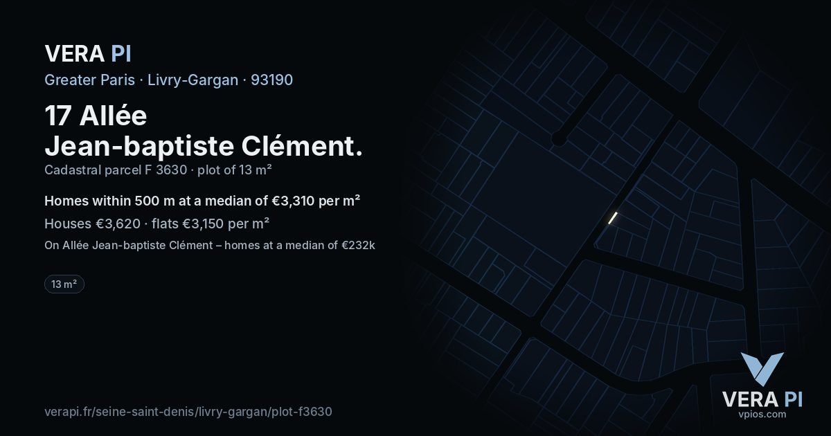 17 Allée Jean-baptiste Clément, Livry-Gargan at night – the plot lit, the parcels around coloured by the prices near them