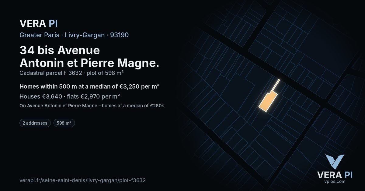 34 bis Avenue Antonin et Pierre Magne, Livry-Gargan at night – the plot lit, the parcels around coloured by the prices near them