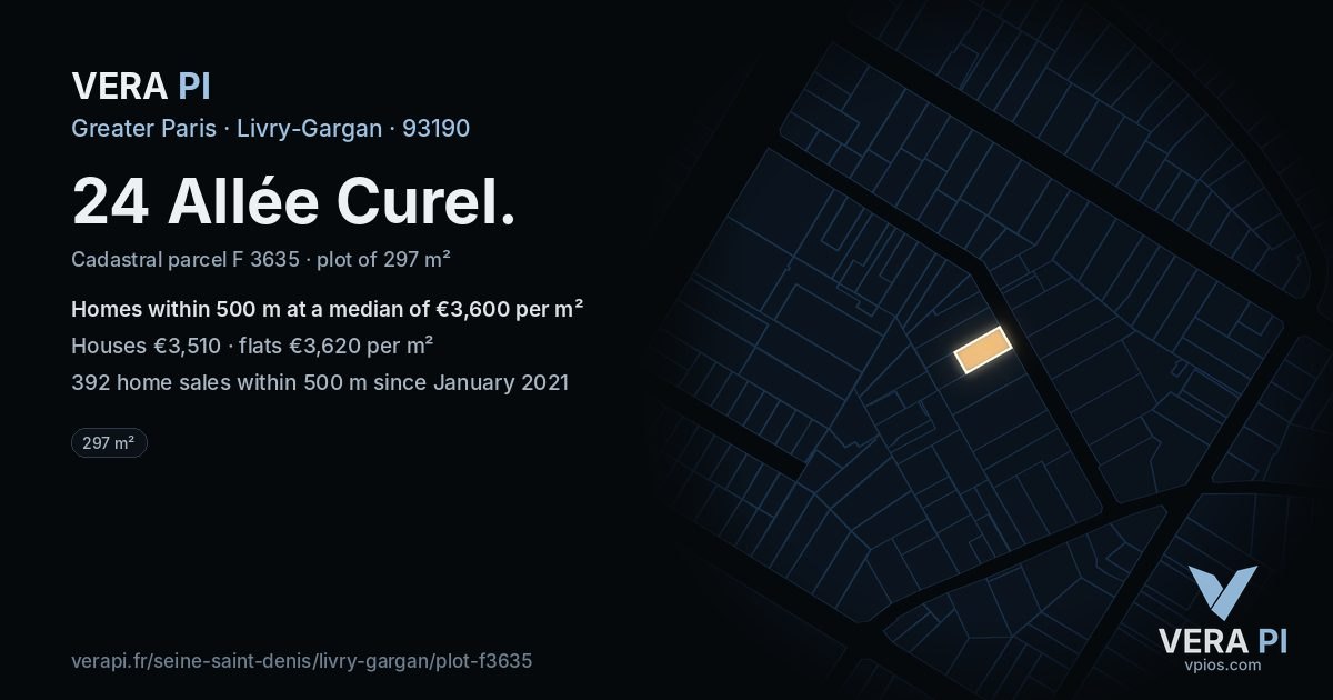 24 Allée Curel, Livry-Gargan at night – the plot lit, the parcels around coloured by the prices near them
