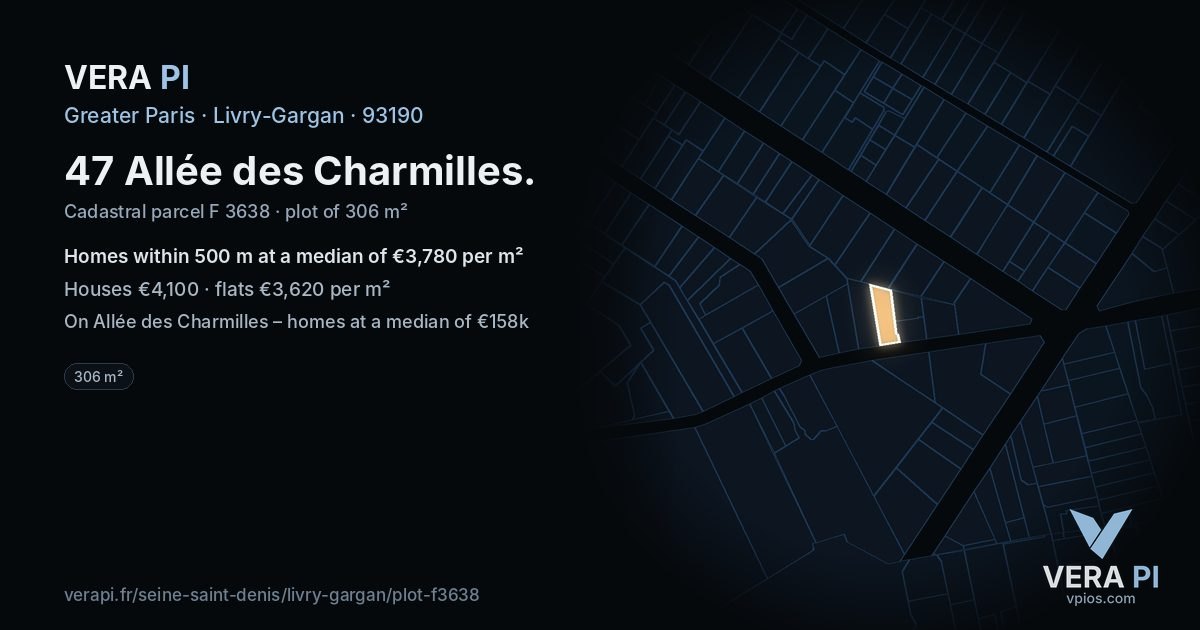 47 Allée des Charmilles, Livry-Gargan at night – the plot lit, the parcels around coloured by the prices near them