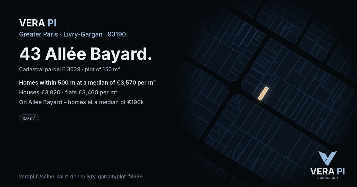 43 Allée Bayard, Livry-Gargan at night – the plot lit, the parcels around coloured by the prices near them