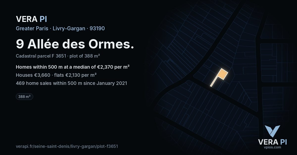 9 Allée des Ormes, Livry-Gargan at night – the plot lit, the parcels around coloured by the prices near them