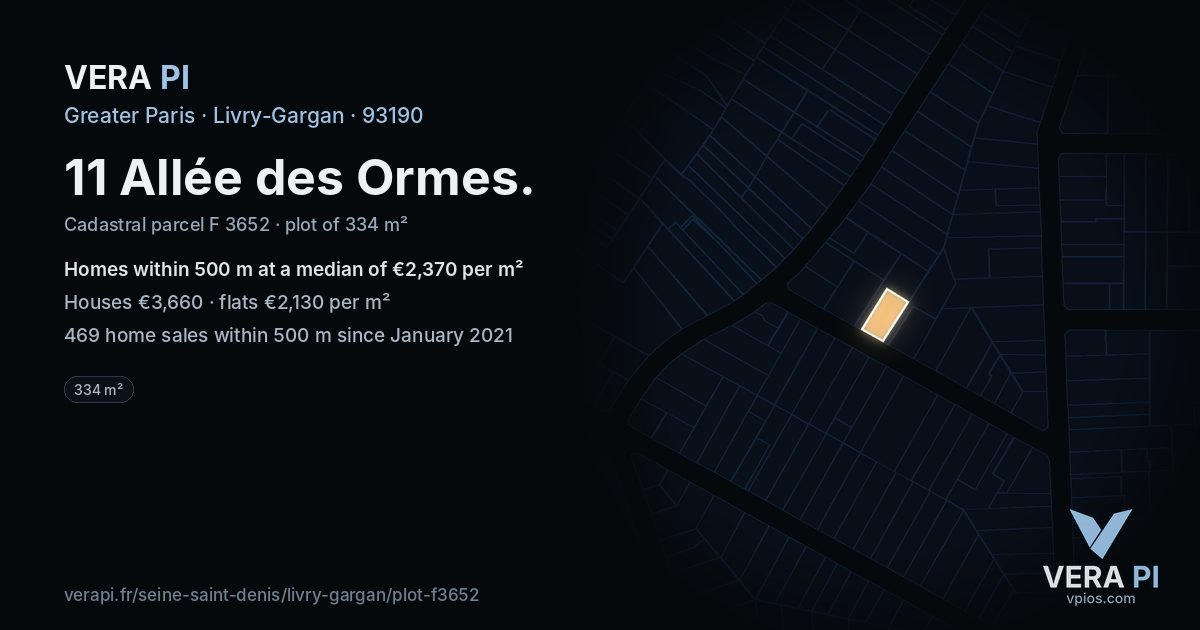 11 Allée des Ormes, Livry-Gargan at night – the plot lit, the parcels around coloured by the prices near them