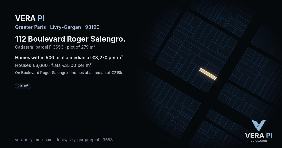 112 Boulevard Roger Salengro, Livry-Gargan at night – the plot lit, the parcels around coloured by the prices near them