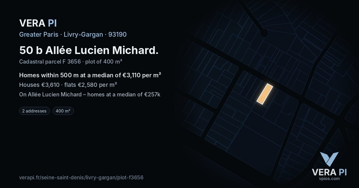 50 b Allée Lucien Michard, Livry-Gargan at night – the plot lit, the parcels around coloured by the prices near them