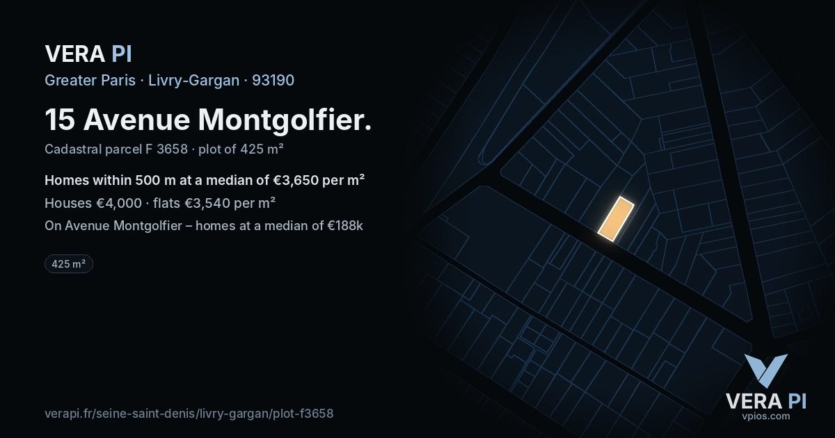 15 Avenue Montgolfier, Livry-Gargan at night – the plot lit, the parcels around coloured by the prices near them