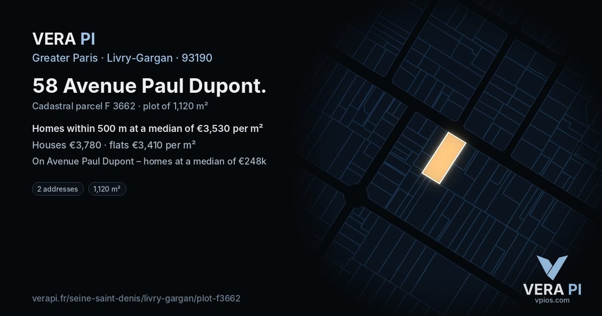 58 Avenue Paul Dupont, Livry-Gargan at night – the plot lit, the parcels around coloured by the prices near them