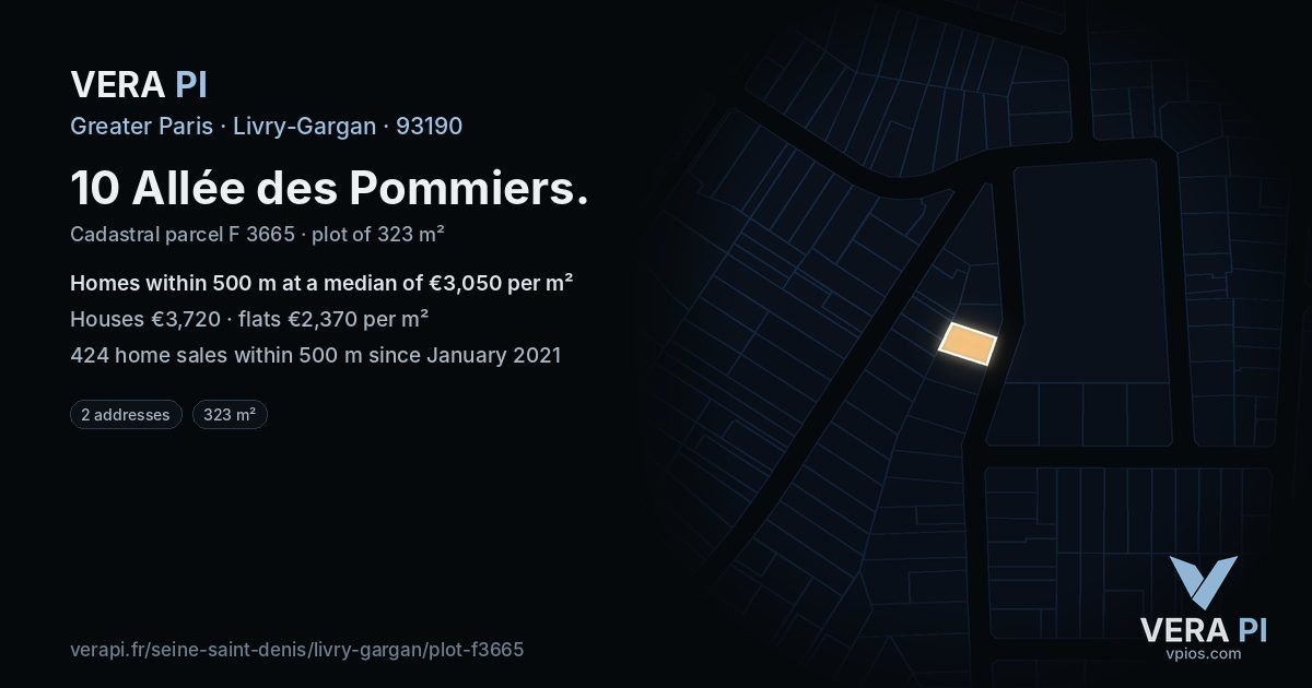 10 Allée des Pommiers, Livry-Gargan at night – the plot lit, the parcels around coloured by the prices near them