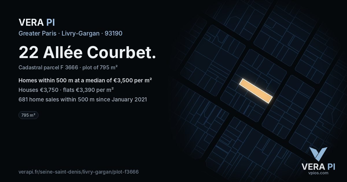 22 Allée Courbet, Livry-Gargan at night – the plot lit, the parcels around coloured by the prices near them