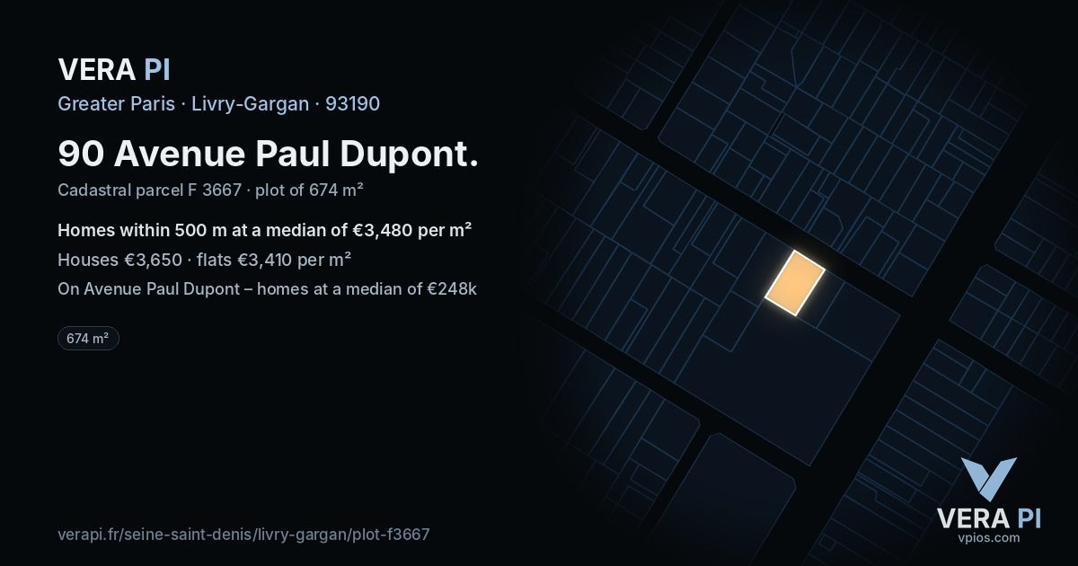 90 Avenue Paul Dupont, Livry-Gargan at night – the plot lit, the parcels around coloured by the prices near them