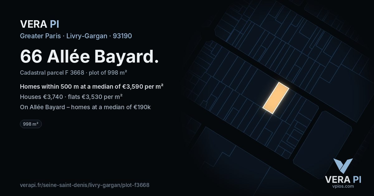 66 Allée Bayard, Livry-Gargan at night – the plot lit, the parcels around coloured by the prices near them