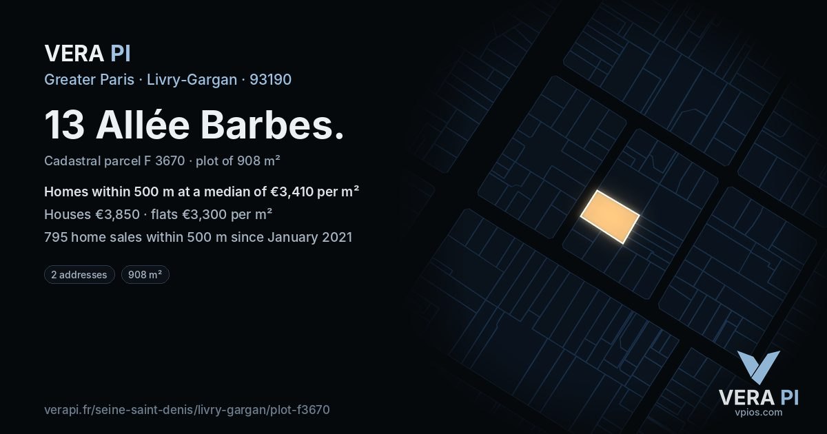 13 Allée Barbes, Livry-Gargan at night – the plot lit, the parcels around coloured by the prices near them