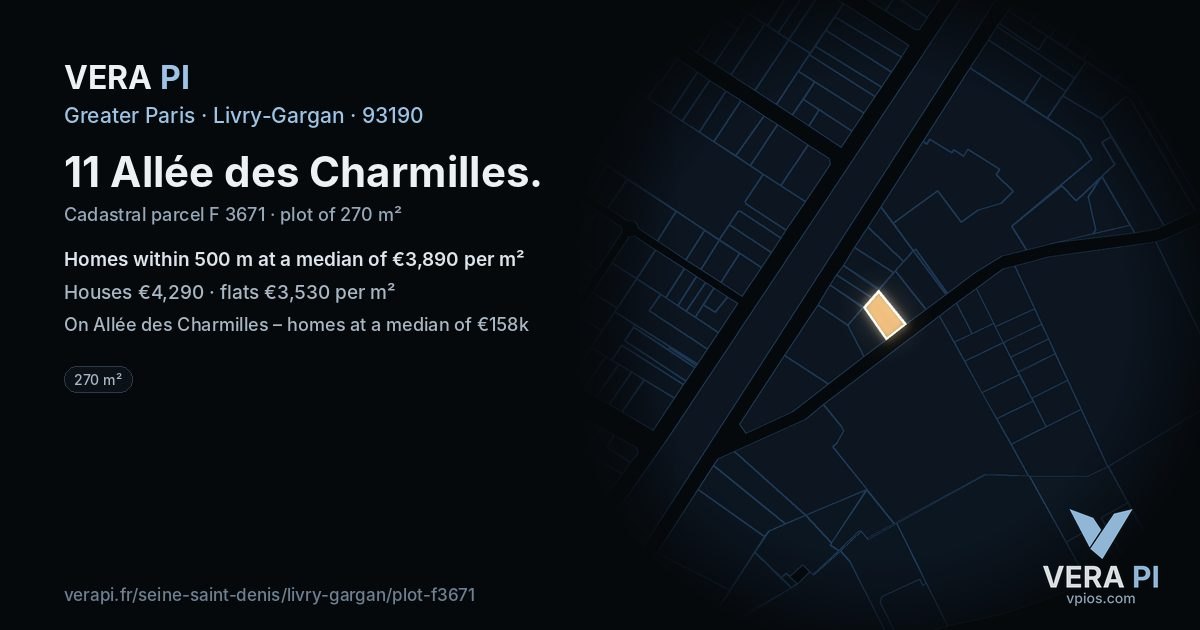 11 Allée des Charmilles, Livry-Gargan at night – the plot lit, the parcels around coloured by the prices near them