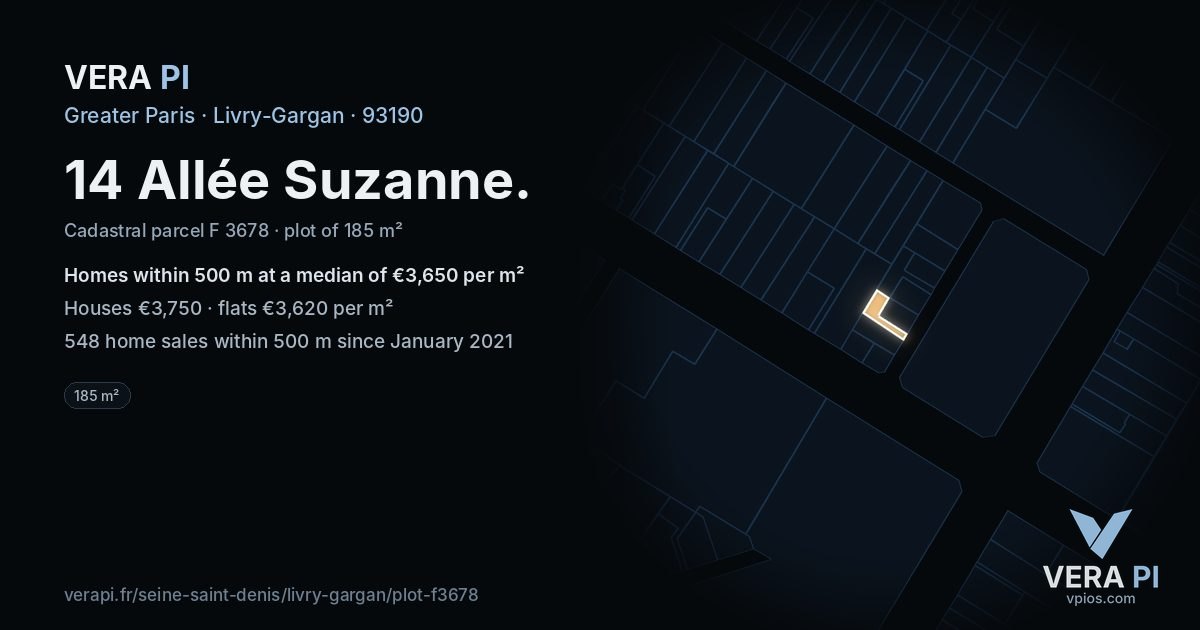 14 Allée Suzanne, Livry-Gargan at night – the plot lit, the parcels around coloured by the prices near them