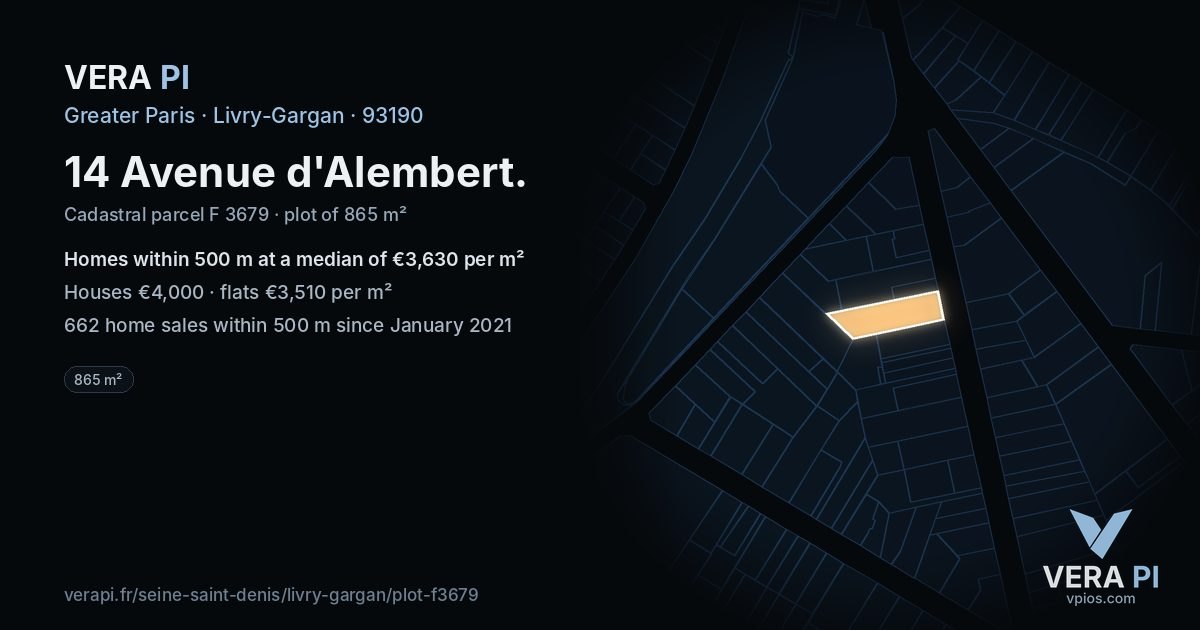 14 Avenue d'Alembert, Livry-Gargan at night – the plot lit, the parcels around coloured by the prices near them