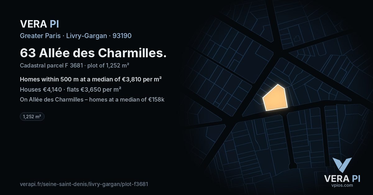 63 Allée des Charmilles, Livry-Gargan at night – the plot lit, the parcels around coloured by the prices near them