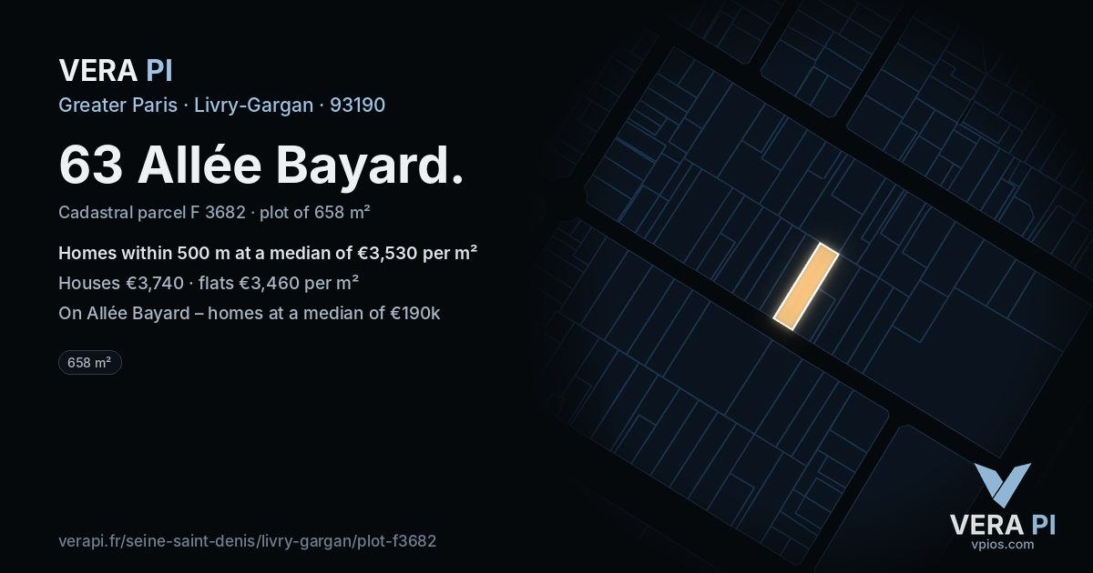 63 Allée Bayard, Livry-Gargan at night – the plot lit, the parcels around coloured by the prices near them
