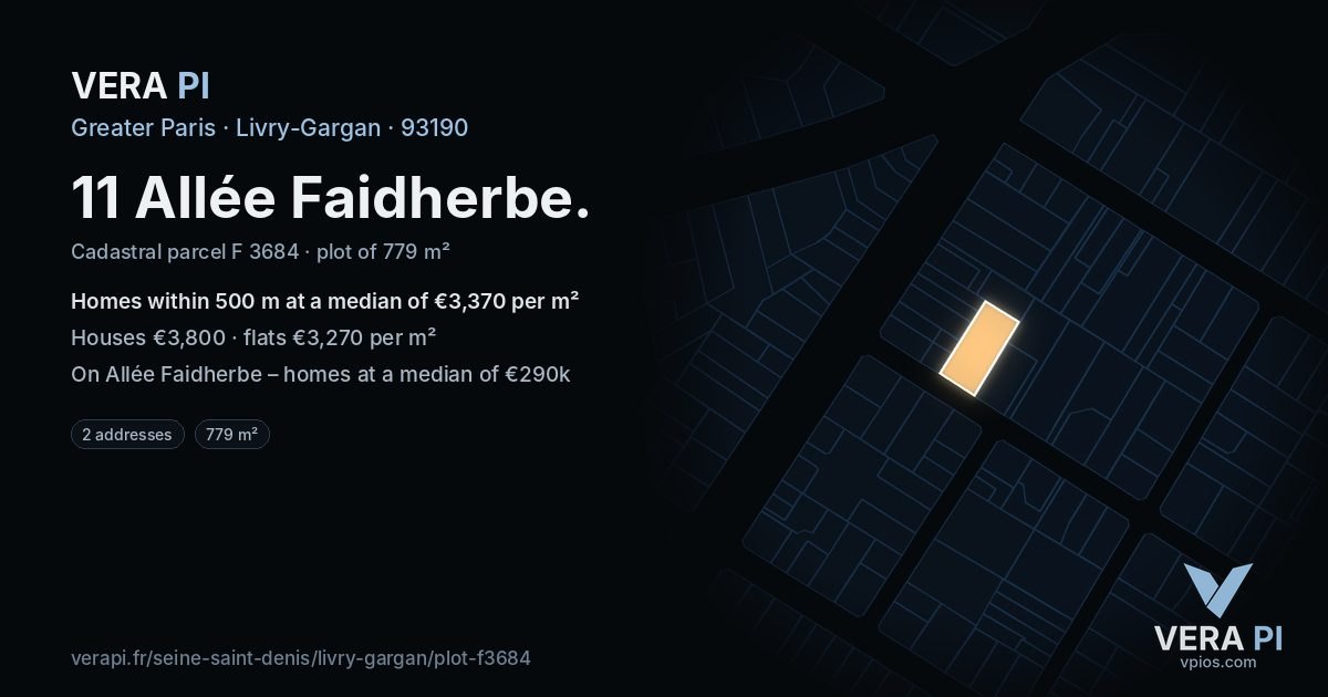 11 Allée Faidherbe, Livry-Gargan at night – the plot lit, the parcels around coloured by the prices near them