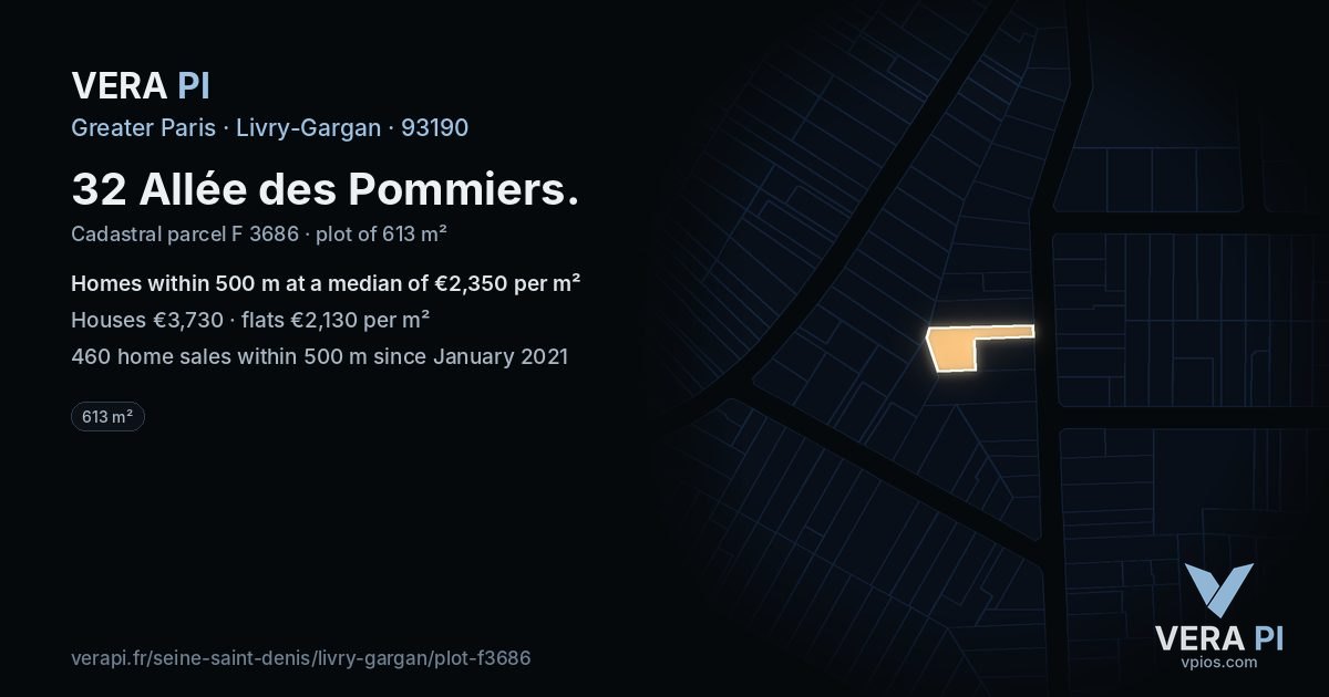 32 Allée des Pommiers, Livry-Gargan at night – the plot lit, the parcels around coloured by the prices near them