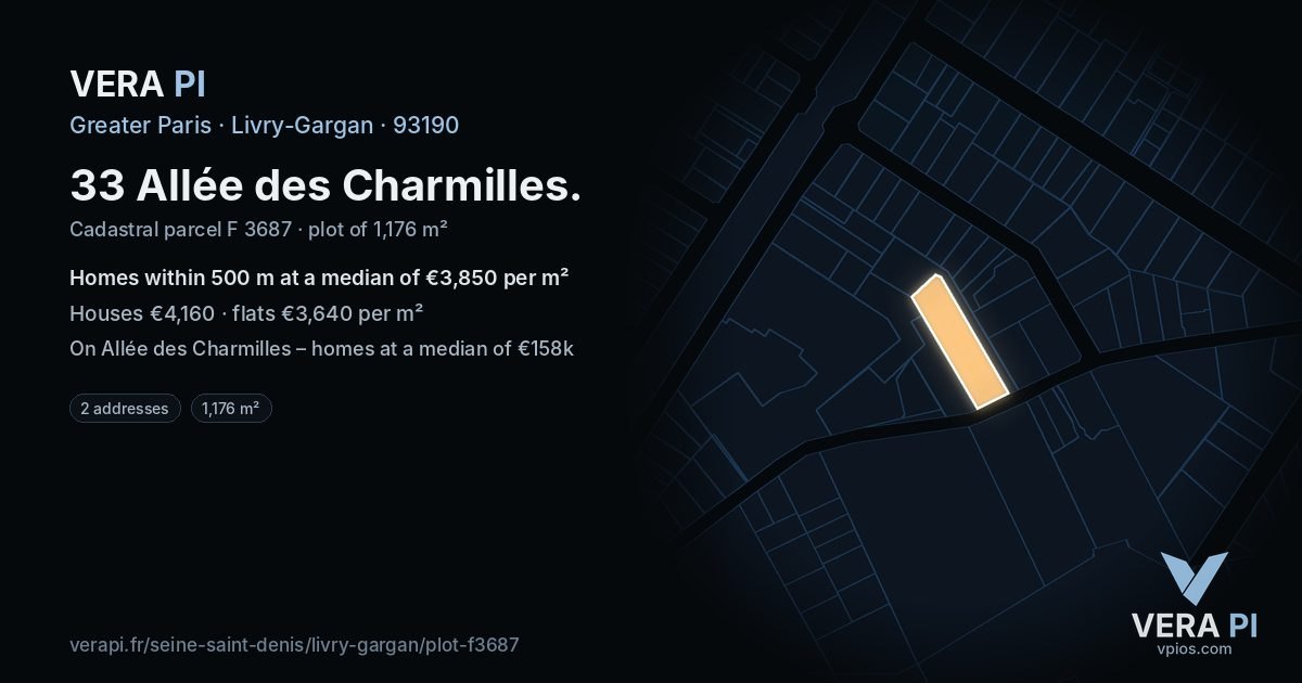 33 Allée des Charmilles, Livry-Gargan at night – the plot lit, the parcels around coloured by the prices near them