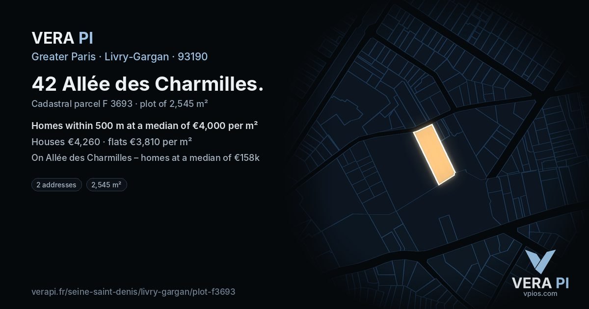 42 Allée des Charmilles, Livry-Gargan at night – the plot lit, the parcels around coloured by the prices near them