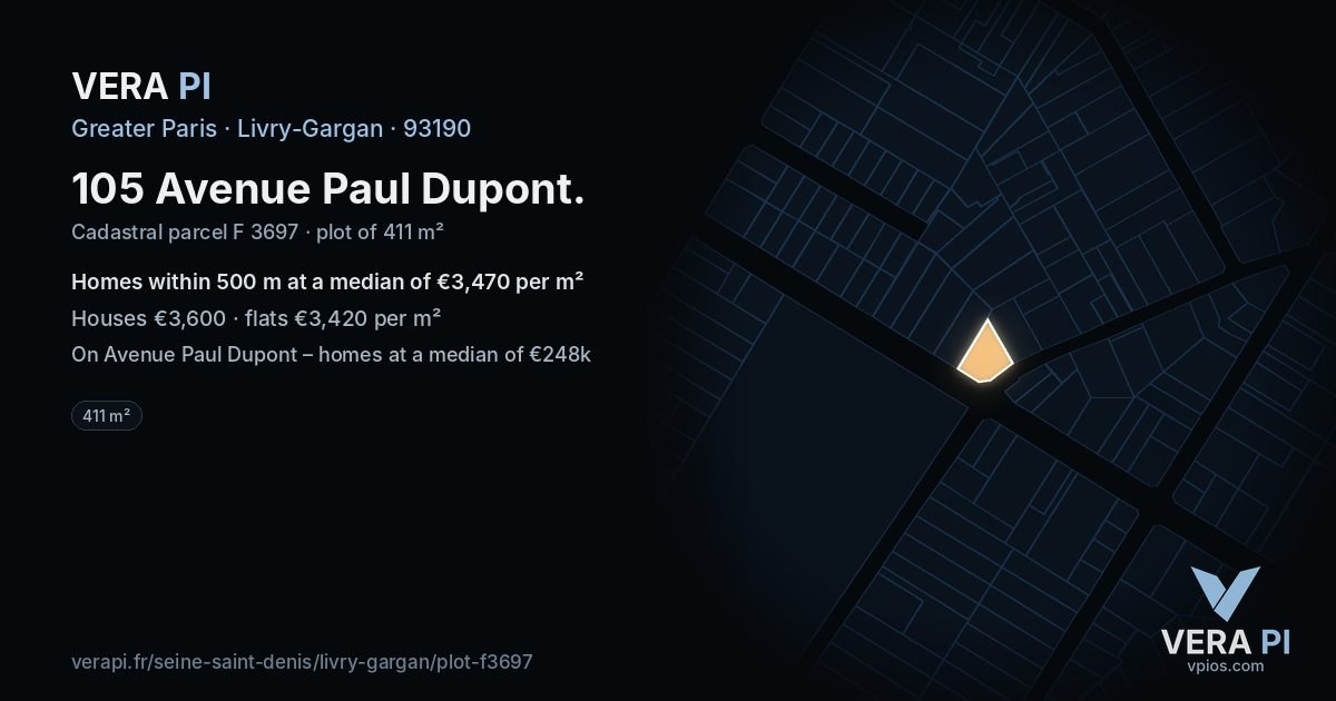 105 Avenue Paul Dupont, Livry-Gargan at night – the plot lit, the parcels around coloured by the prices near them