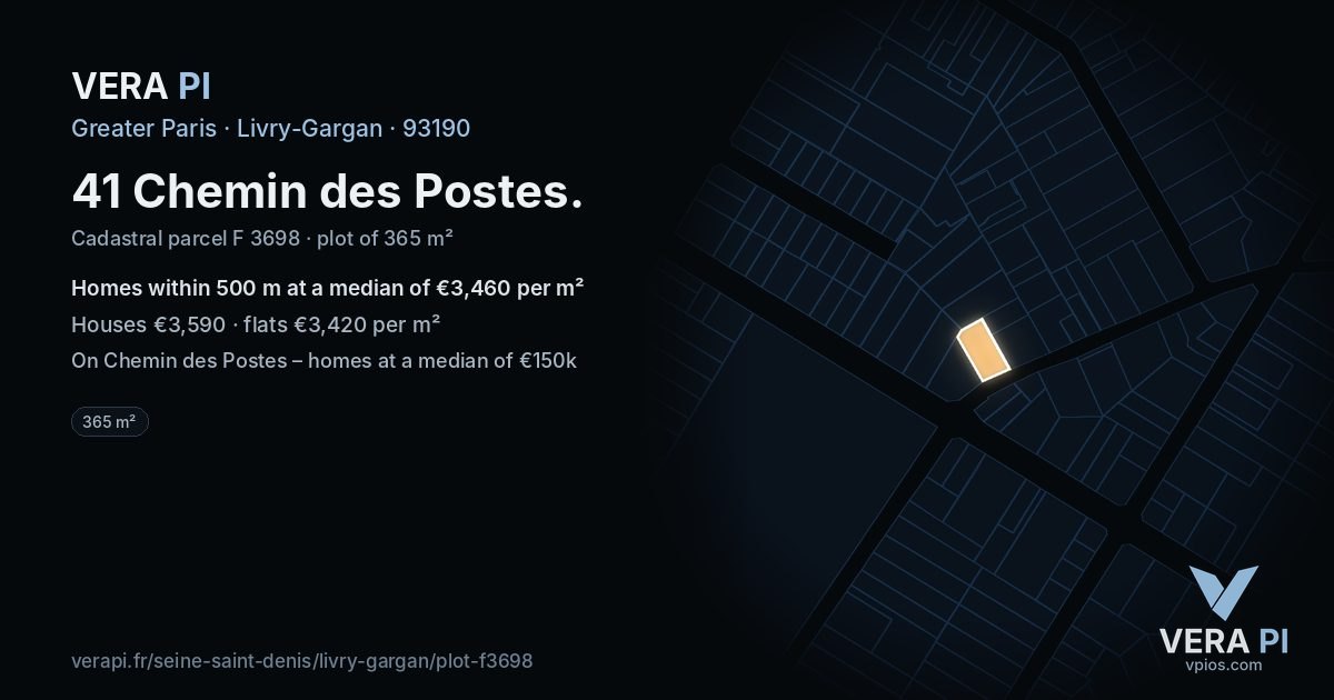 41 Chemin des Postes, Livry-Gargan at night – the plot lit, the parcels around coloured by the prices near them