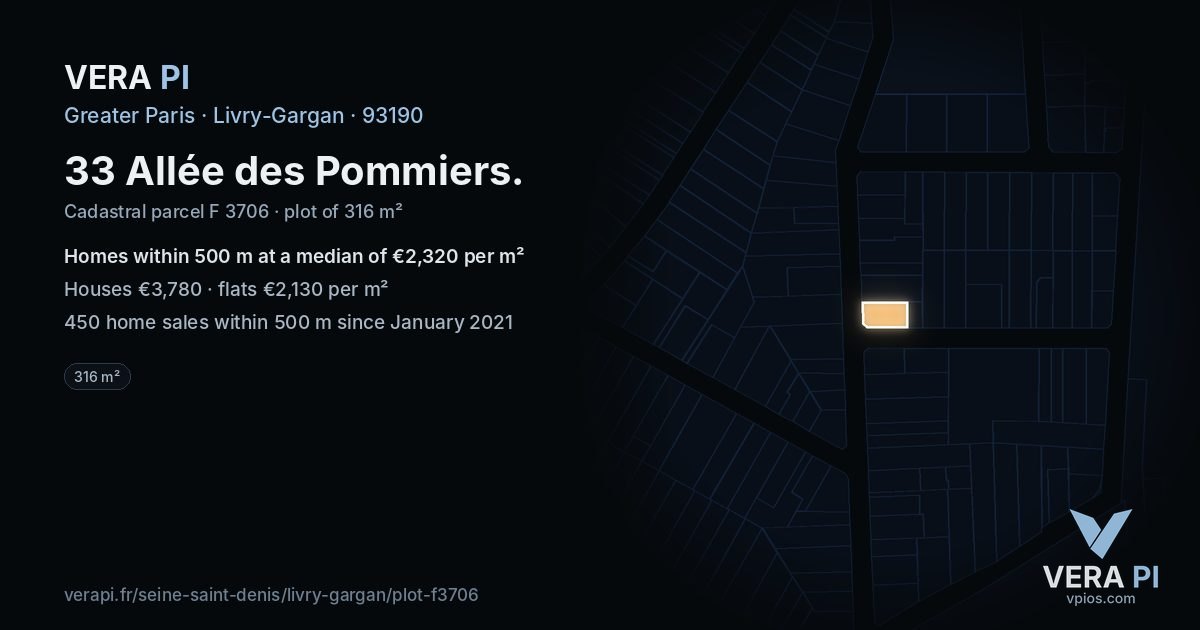 33 Allée des Pommiers, Livry-Gargan at night – the plot lit, the parcels around coloured by the prices near them