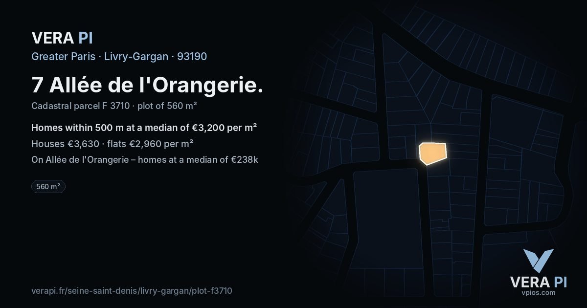 7 Allée de l'Orangerie, Livry-Gargan at night – the plot lit, the parcels around coloured by the prices near them