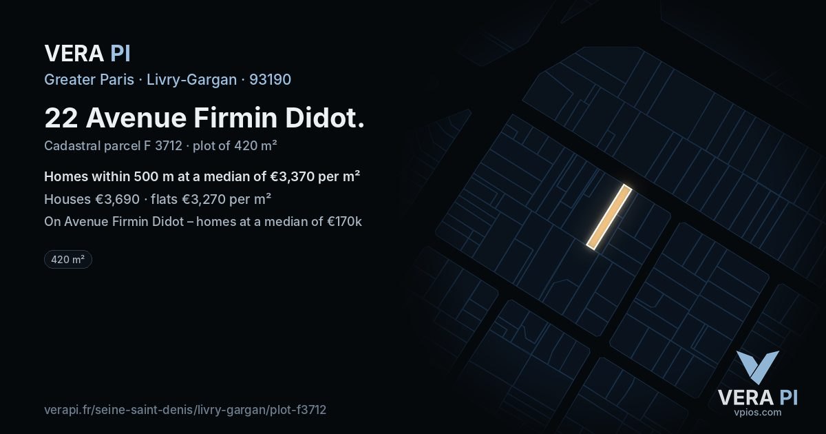 22 Avenue Firmin Didot, Livry-Gargan at night – the plot lit, the parcels around coloured by the prices near them