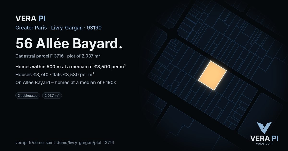 56 Allée Bayard, Livry-Gargan at night – the plot lit, the parcels around coloured by the prices near them