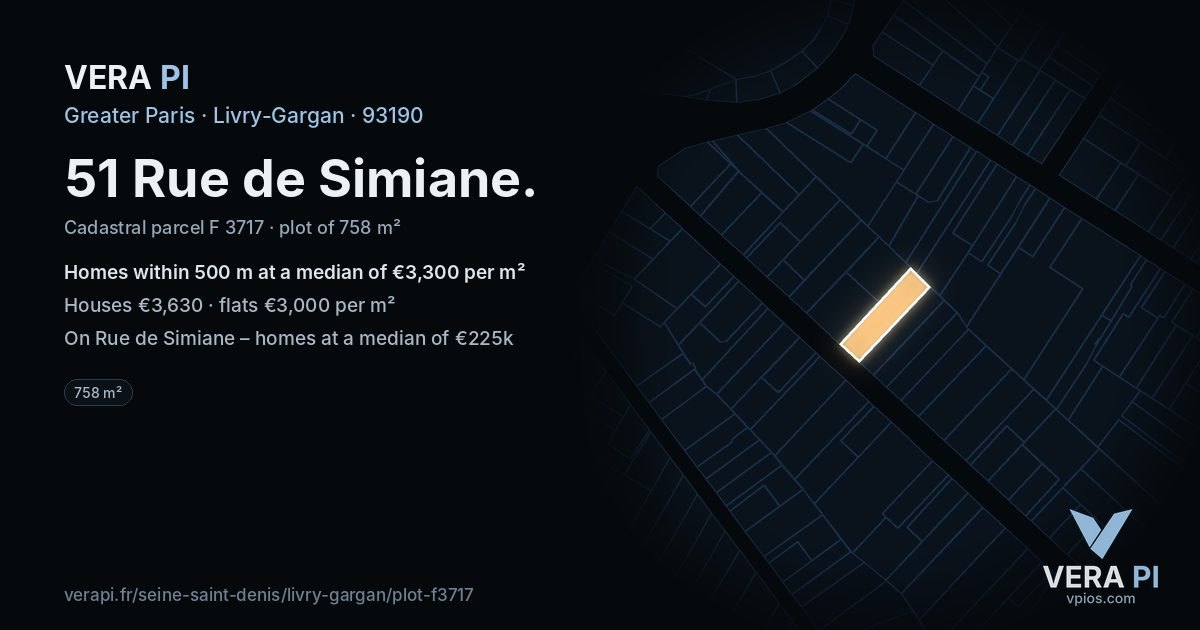 51 Rue de Simiane, Livry-Gargan at night – the plot lit, the parcels around coloured by the prices near them